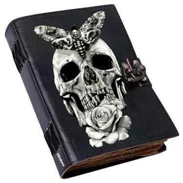 Imagem de HINDORO Diário gótico de couro, crânio, mágico, mariposa, espiral, diário misterioso, diário de feitiçaria, grimório, ótimo para amantes de Halloween e corvos, diário de couro estético para homens e