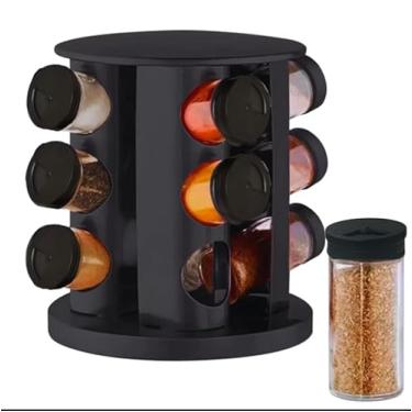 Imagem de Porta-Temperos Giratório com 12 Potes de Vidro, Base Redonda Preta, Organizador de Especiarias para Cozinha