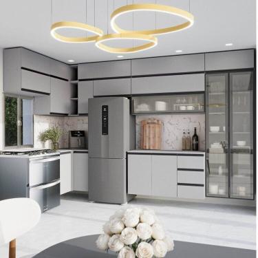 Imagem de Cozinha Modulada 15 Peças 11 Aéreos 3 Balcões 1 Cristaleira Nara Cabecasa Madeiramadeira Cinza Claro