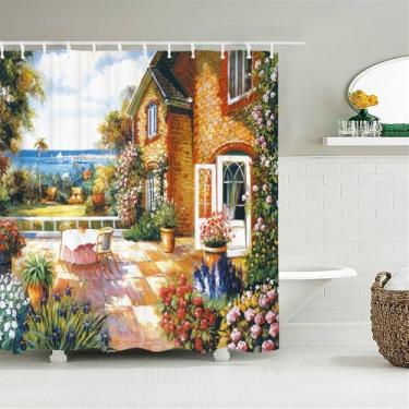 Imagem de Cortina de chuveiro de floresta decoração tecido cortinas de banheiro pintura a óleo paisagem tela de banho com 12 ganchos, JK4444, L90 x A180 cm