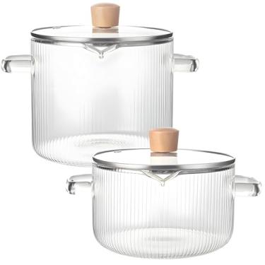 Imagem de Conjunto de 2 panelas de vidro borossilicato transparente, panelas resistentes a altas temperaturas, fogão, micro-ondas e lava-louças, inclui tampas de madeira, design de vidro transparente para