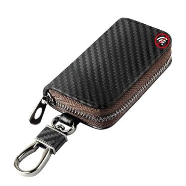 Imagem de Capa de chave de carro, protetor de chave de carro de fibra de carbono, porta-chaves de couro com chaveiro de carro para substituição de capa de chave de controle remoto