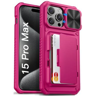 Imagem de Vihibii Capa para iPhone 15 Pro Max com suporte para cartão (4 cartões) e capa de câmera deslizante e suporte, proteção contra quedas de nível militar, capa de telefone carteira rígida robusta e borda