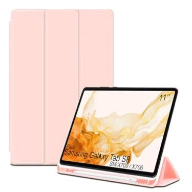 Imagem de Capa Tablet flip para Samsung Galaxy Tab S8 with S Pen SMX706 X700 Smart pen 11 polegadas resistente aveludada compatimento para caneta Case capinha Anti Impacto Suporte Pencil - Alamo (rosa claro)
