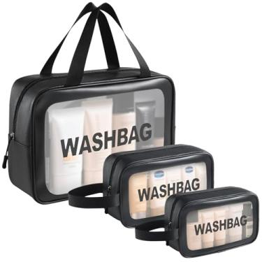 Imagem de Kit 3 Necessaire Transparente Washbag,Necessaire Viagem,Tamanhos Grande Médio e Pequeno para Viagens,Maquiagem,Banho e Ginástica,Bolsa de Armazenamento à Prova d'Água Com Zíper à Prova d'Água (Preto)