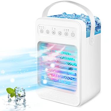 Imagem de Condicionadores de Ar Portáteis, Umidificador de Refrigerador de Ar Pessoal Evaporativo com 4 Velocidades, 7 Cores de Luz, Tanque de Água de 600 ml, Mini Ventilador de Ar Condicionado Pessoal
