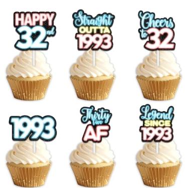 Imagem de 18 peças de topper de cupcake de sobremesa com glitter azul para Straight Outta 1993 Legend Since 1993 suprimentos de decoração temática homens felizes decorações de festa de 32 anos