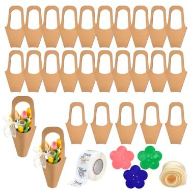 Imagem de 25 peças de sacos de presente de flores de papel kraft com alça, buquê de embrulho floral, mangas de flores em cone criativo vêm com decapador de espinhos, fitas e adesivos para casas, festas