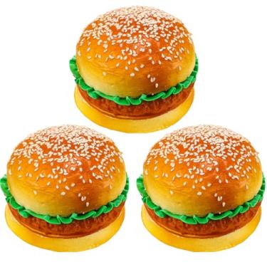 Imagem de CroBlissful 3 peças de hambúrgueres artificiais, realistas, comida falsa, modelo de pão, suporte fotográfico para cozinha, comida, exibição falsa, decoração de festa