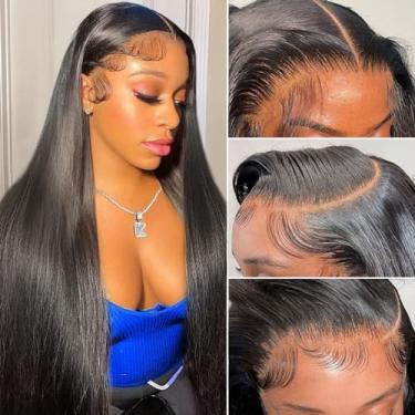 Imagem de Perucas frontais de renda 33 x 10 cm de cabelo humano pré-arrancadas com cabelo de bebê, 150% de densidade, liso, brasileiro, virgem, frontal, cabelo humano, 33 x 10 cm, sem cola, HD, fechamento de