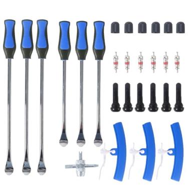 Imagem de TFONSIGI Conjunto de ferramentas de colheres de pneu de aço de 37 cm e 29 cm, 28 peças de ferramentas de troca de pneu, trocador de pneu azul para motocicleta, alavancas de pneu de bicicleta suja, 6