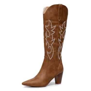 Imagem de VenusCelia Botas femininas elásticas na altura do joelho, Bordado caramelo, 36