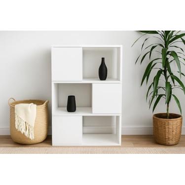 Imagem de GHC Estante de livros de 3 níveis, prateleira decorativa de madeira, prateleiras de exibição independentes modernas, estantes de livros altas para sala de estar, quarto, escritório - branca