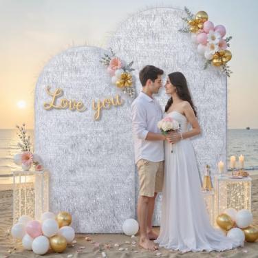 Imagem de Conjunto de 2 capas de fundo de arco prateado de 2,2 m 1,8 m, borlas metálicas brilhantes de 2 lados, suporte de arco de balão de elastano para suporte redondo Chiara, casamento, festa de aniversário