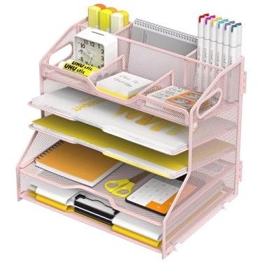 Imagem de YINGHUA Organizador de cartas com bandeja de papel de 5 camadas com 6 compartimentos ajustáveis superiores – classificador de papel, acessórios de mesa de escritório com alças para documentos, correio