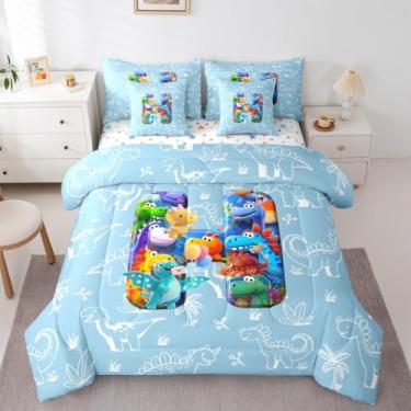 Imagem de Erosebridal Jogo de cama solteiro de dinossauro 3D em uma bolsa, 7 peças, conjunto de edredom com lençol de dinossauro, letra H, para crianças e adultos, jogo de cama de dinossauro fofo