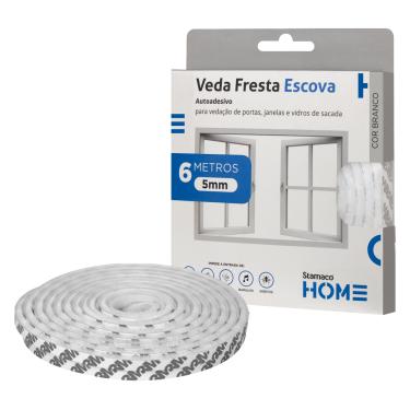 Imagem de Veda Fresta Escova Branco 5mm Stamaco Home Fita Vedação 6 Metros Protetor Janela Porta Autoadesivo 3M