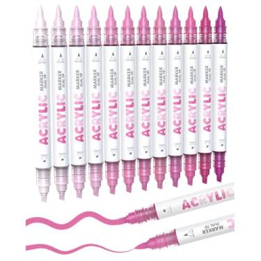 Imagem de Guangna 12 marcadores de tinta acrílica de ponta dupla rosa, ponta de pincel e ponta de cinzel, canetas de tinta acrílica para rocha, madeira, vidro, papel, livro de colorir, cerâmica, tela, tinta à