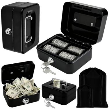 Imagem de SAFE2 pacotes de caixas de dinheiro de metal com fechaduras, caixas de dinheiro familiares médias pequenas de tamanho misto cofre com chave, organizadores portáteis de economia de dinheiro (preto