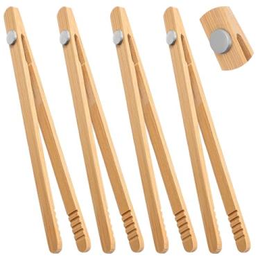 Imagem de Ptwola 4 pinças magnéticas de bambu para torradas de madeira de 18 cm, reutilizáveis para torradas, utensílios de cozinha antiderrapantes para pão, salada, torradeira, frutas, picles, macarrão