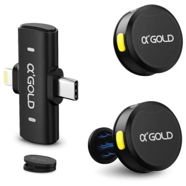 Imagem de Microfone de Lapela Duplo Sem Fio α’GOLD Premium, 10h Bateria, Cancelamento de Ruído, Áudio Profissional, Compatível com iPhone e Android USB-C, Transmissor Duplo, Plug & Play para Vídeos e Lives
