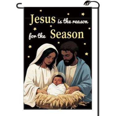 Imagem de Christmas Santa Jesus Is The Reason For The Season Bandeira de jardim 30 x 45 cm vertical dupla face religião preto Natal estrelas pequenas bandeiras fazenda decoração externa para quintal (apenas