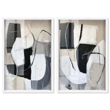 Imagem de Serenidade neutra: par abstrato minimalista conjunto de 2 painéis Shadowbox Print Boho Art por Art Remedy, moldura branca, 43 x 63 cm