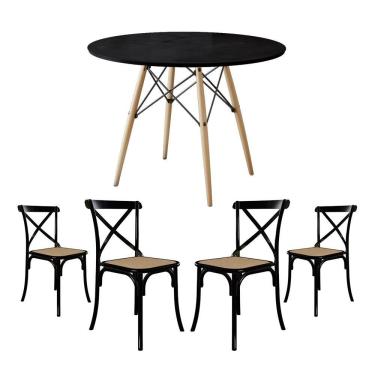 Imagem de Conjunto De Mesa Eiffel Redondo Tampo De Madeira 90Cm Preto Com 4 Cadeiras Katrina Preto