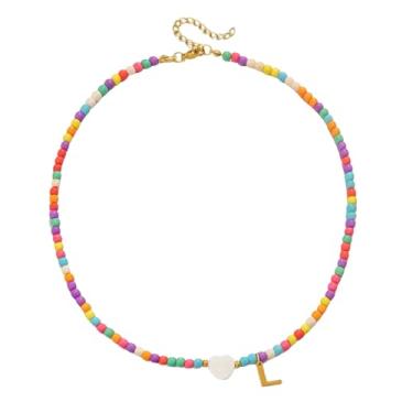 Imagem de Gargantilha feminina com contas de ouro 18 quilates - pingente de letra colorida de aço inoxidável impermeável - joia com pingente de alfabeto personalizado - Presente personalizado delicado para