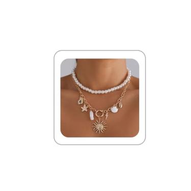 Imagem de BOOZIQ Colares de sol de ouro para mulheres, colares modernos de corrente em camadas, boêmio, estrela-do-mar, pingente de sol, colar grosso de moeda, colar gargantilha de sereia, bijuteria de