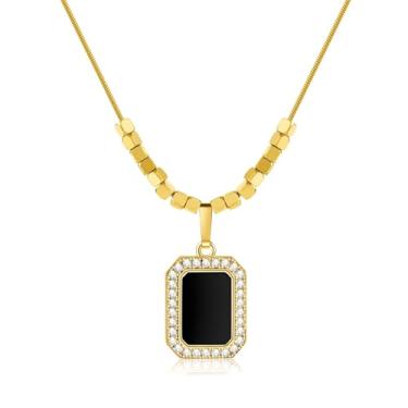 Imagem de tincolia Colar elegante de Halloween banhado a ouro 14K com pingente retangular preto, moldura de strass de cristal, joias modernas, colar preto para mulheres