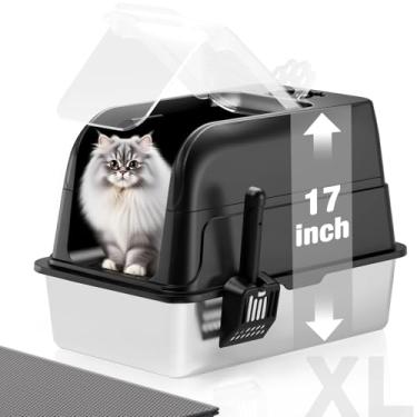 Imagem de Appker Caixa de areia para gatos de aço inoxidável totalmente fechada, caixa de areia extra grande para gatinhos com tampa flip transparente de 180° totalmente transparente, colher e tapete - preto
