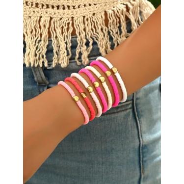 Imagem de Pulseiras empilháveis de contas de argila Heishi para mulheres e meninas, conjunto de pulseiras coloridas com contas elásticas com pingente de coração dourado, joias estéticas de praia de verão