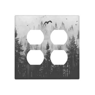 Imagem de BHGAHD Capas de tomada decorativas com pintura de lavagem de tinta de floresta de montanha enevoada placa de parede dupla dupla receptáculo interruptor de luz capa de placa de interruptor para