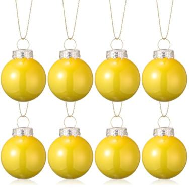 Imagem de 8 peças de enfeites de bola de Natal de vidro amarelo, decorações de árvore de Natal inquebráveis de 4 cm com laço para pendurar e corda, bola decorativa de Natal para decoração de guirlanda de