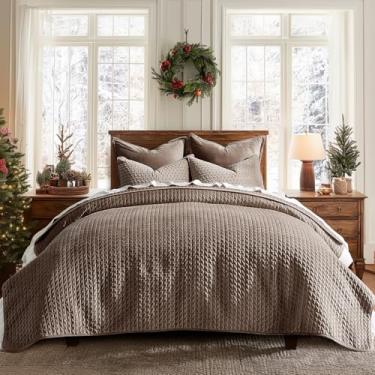 Imagem de EVERGRACE Conjunto de edredom de veludo de luxo King Size de 3 peças, conjunto de edredom de veludo macio de ponto cruz com fronhas, colcha leve para todas as estações, marrom cogumelo