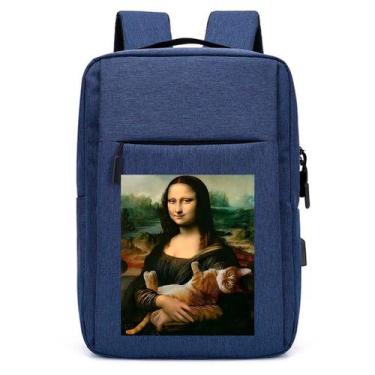 Imagem de Mochila Escolar Com Entrada USB Estampa DTF Cat Monalisa Gato - Use Th