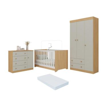 Imagem de Quarto De Bebê Completo Berço Americano 3x1 Colchão Encanto Multimóveis MP4605 Madeirado-off White