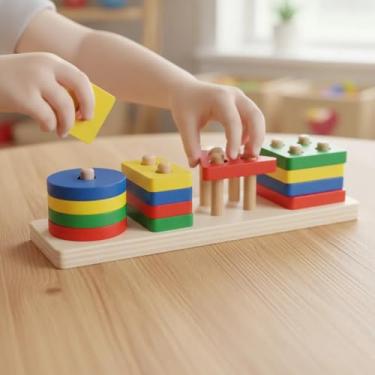 Imagem de Prancha de Seleção com Encaixe de Formas Geométricas, Brinquedo Educativo de Madeira, Jogo Pedagógico com Círculo Quadrado Triângulo Retângulo, Colorido