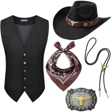 Imagem de Tuxsuitown 5 peças de roupa de cowboy para homens, fantasia de caubói, colete de faroeste, chapéu e acessórios para festa do Velho Oeste de Halloween, Preto, XXG