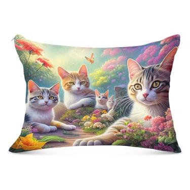 Imagem de Capas de travesseiro de flanela de flores de jardim de gatos decorativas fofas padrão Queen King almofadas macias para cama, tamanho padrão, 51 x 66 cm