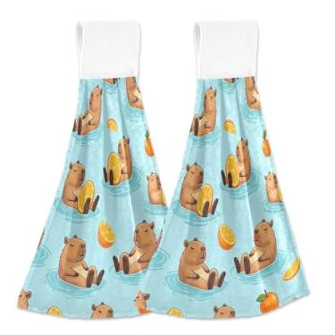 Imagem de Toalhas de cozinha lindas capivaras laranjas com laço para pendurar conjunto de toalhas de banheiro personalizadas com 2 toalhas de mão de cozinha macias absorventes decorativas, 46 x 35 cm