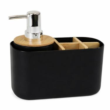 Imagem de Organizador de banheiro com dispenser pump 280ml, porta-escova e base em bambu, plástico PP, cor preta