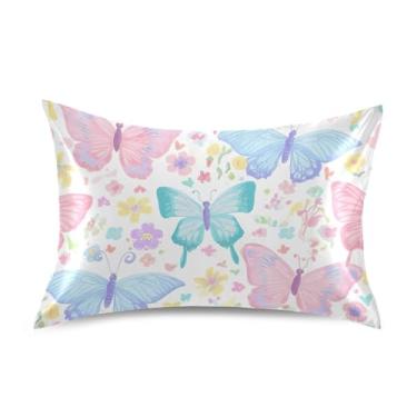 Imagem de Fronhas refrescantes engraçadas personalizadas King Queen padrão capas de travesseiro de cama de cetim decoração de travesseiro tamanho queen 76,2 cm x 50,8 cm estampa de borboletas pastel flores