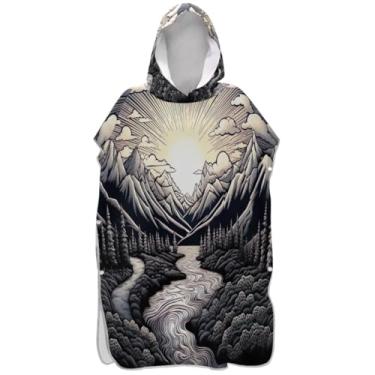 Imagem de Joisal Poncho de surfe trocador de roupão para adultos toalha de banho com capuz bonito plus size árvore abstrata preto branco poncho masculino com capuz