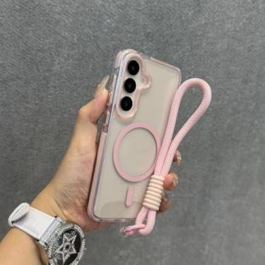 Imagem de Capa transparente com alça de pulso magnética para carregamento, compatível com Samsung A56, A36, A25, A05, A15 e Galaxy S24 Ultra e S25 Plus. Cor: Rosa GS. Também compatível com Galaxy A15 5G.