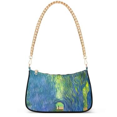 Imagem de Flamingos Beach Aquarela Bolsa feminina Hobo Party Purses Womens Evening Handbag Chain Ladies Shoulder Bag, Pintura a óleo Tunnel Trees