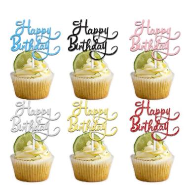 Imagem de Conjunto de 18 peças de enfeite de cupcake de feliz aniversário colorido com glitter tema Cheer to Bday para decoração de festa de aniversário para homens e mulheres, conjunto de suprimentos de