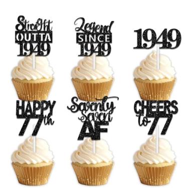 Imagem de 18 pçs Picareta de cupcake de sobremesa com glitter preto para Straight Outta 1948 Legend Since 1948 suprimentos de decoração temática homens feliz 77º aniversário decoração de festa
