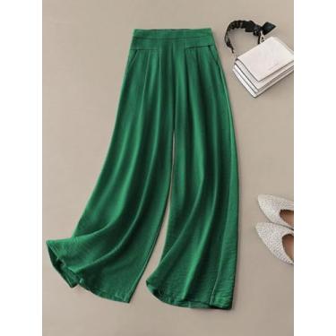 Imagem de Calça feminina verde esmeralda de perna larga - Calça rodada de cintura alta, Verde, M